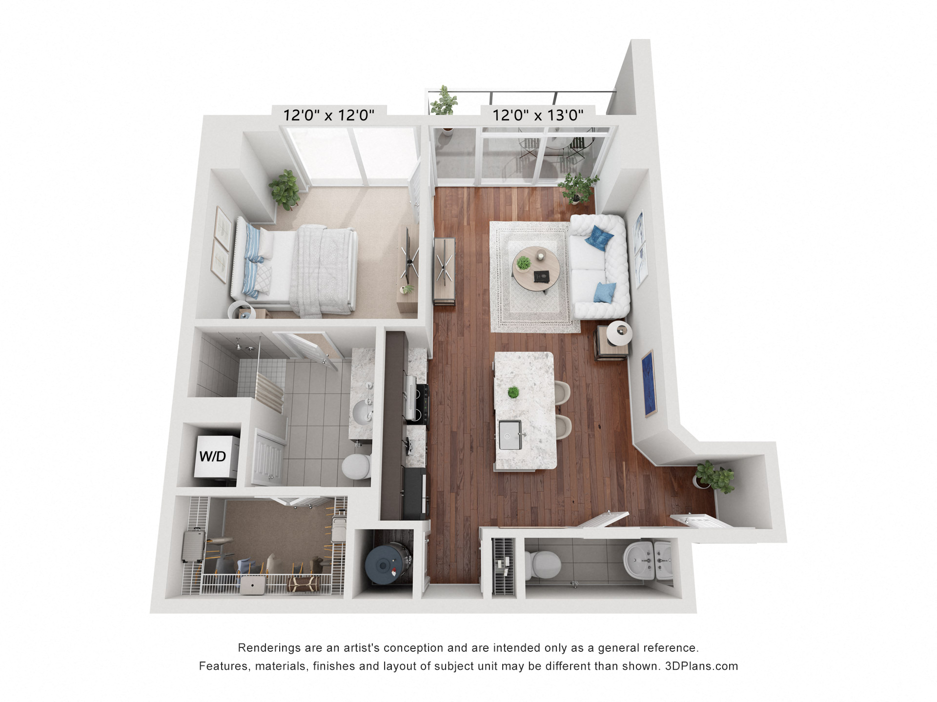 Floor plan for 1 bed, 1.5 baths, 730 sqft
